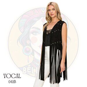 042B VOCAL Black Rhinestone Laser Cut Long Fringe Suede Vest